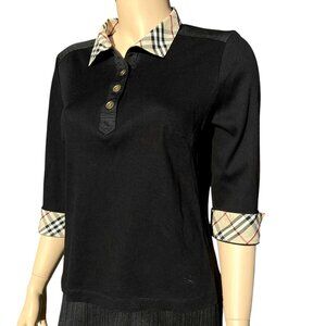 Burberry London 3/4 Sleeve Black Shirt Polo Nova Check Trim Size 5 M L XL